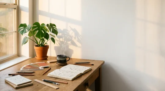 Modern workspace showing natural collaboration between human creativity and AI technology