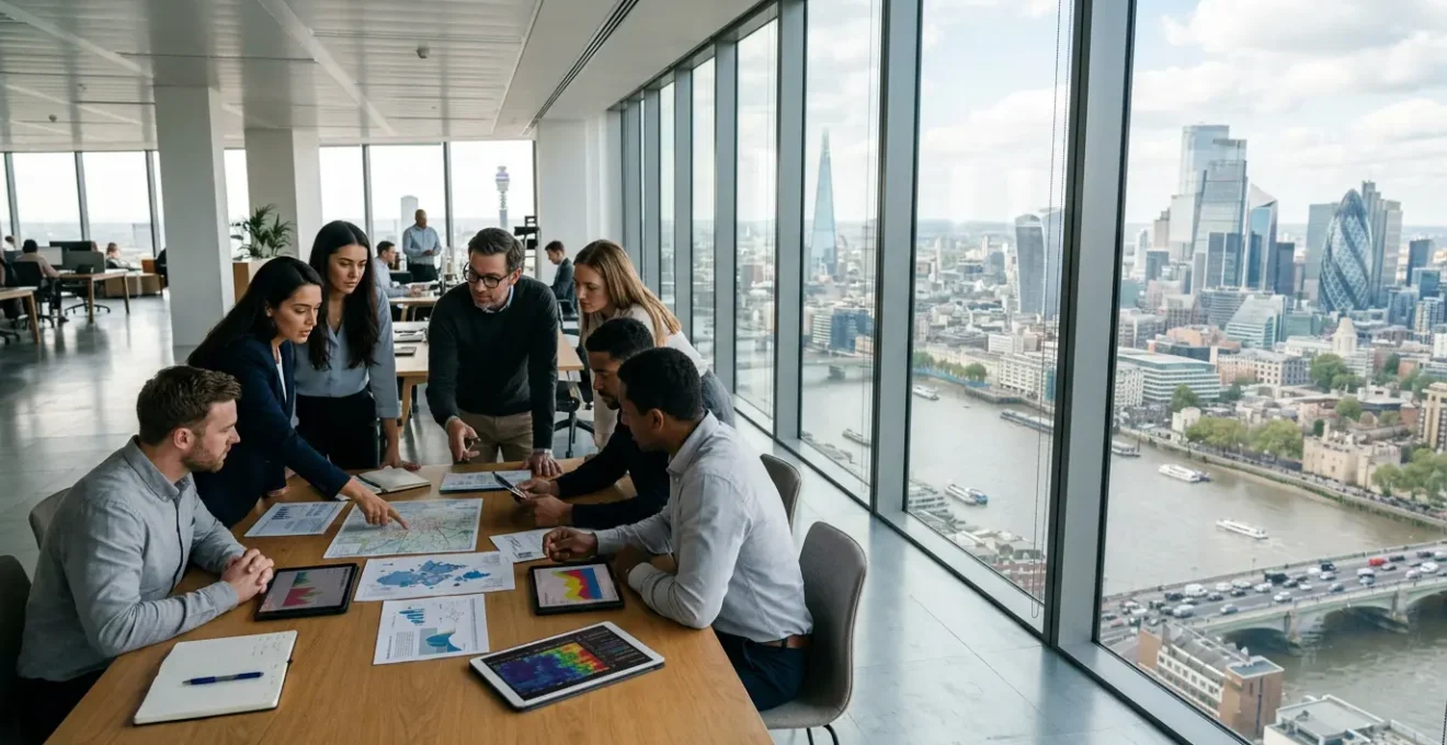 Professional UK publishers analyzing AI search impacts on digital screens with declining traffic graphs