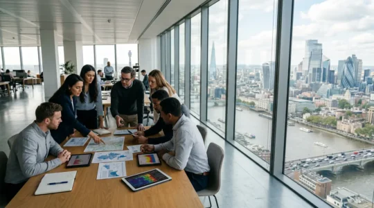 Professional UK publishers analyzing AI search impacts on digital screens with declining traffic graphs