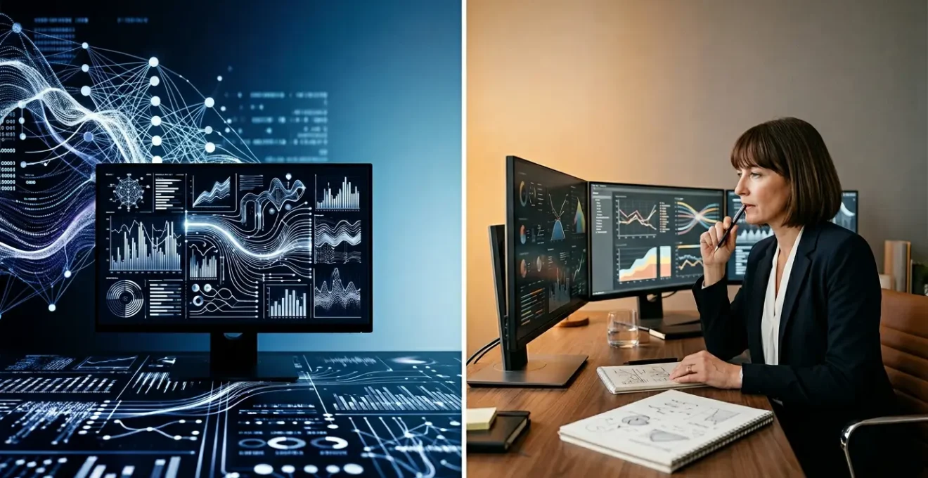 Split composition showing AI neural network on left and human strategist on right in decision-making moment