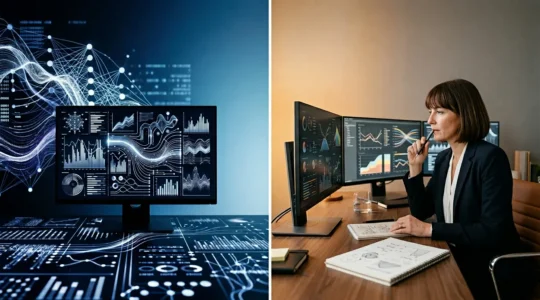 Split composition showing AI neural network on left and human strategist on right in decision-making moment
