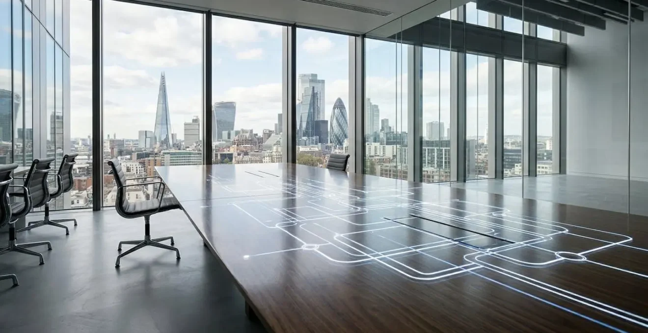 Professional UK business environment showing complex customer journey pathways