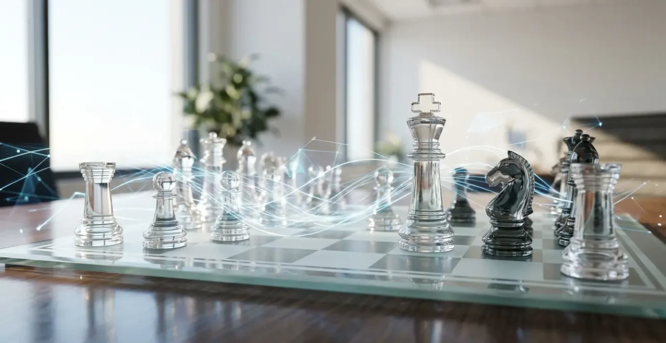 Strategic business competition visualization with abstract chess metaphor and data elements