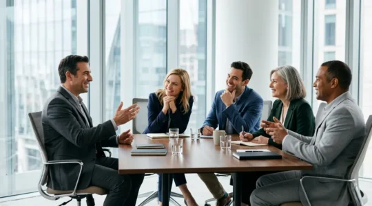 Business executives engaged in authentic conversation around modern conference table with visible emotional engagement