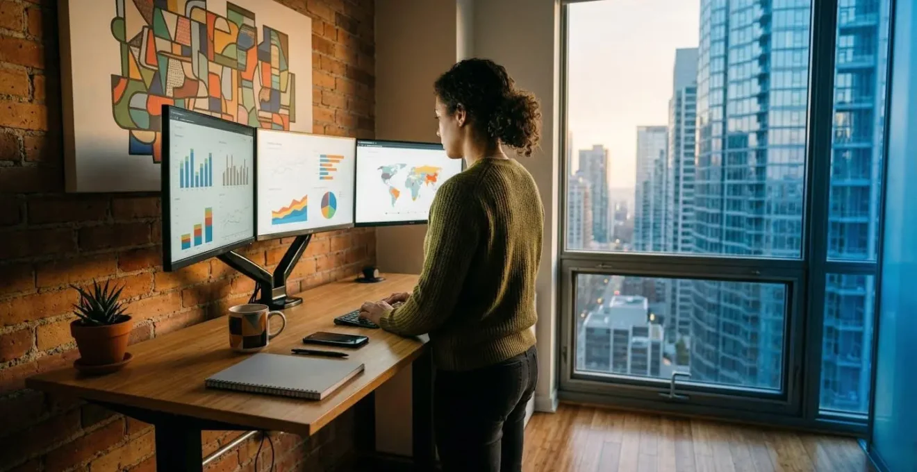 Small business owner analyzing PPC campaign data with focused determination against backdrop of corporate towers