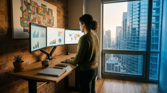 Small business owner analyzing PPC campaign data with focused determination against backdrop of corporate towers