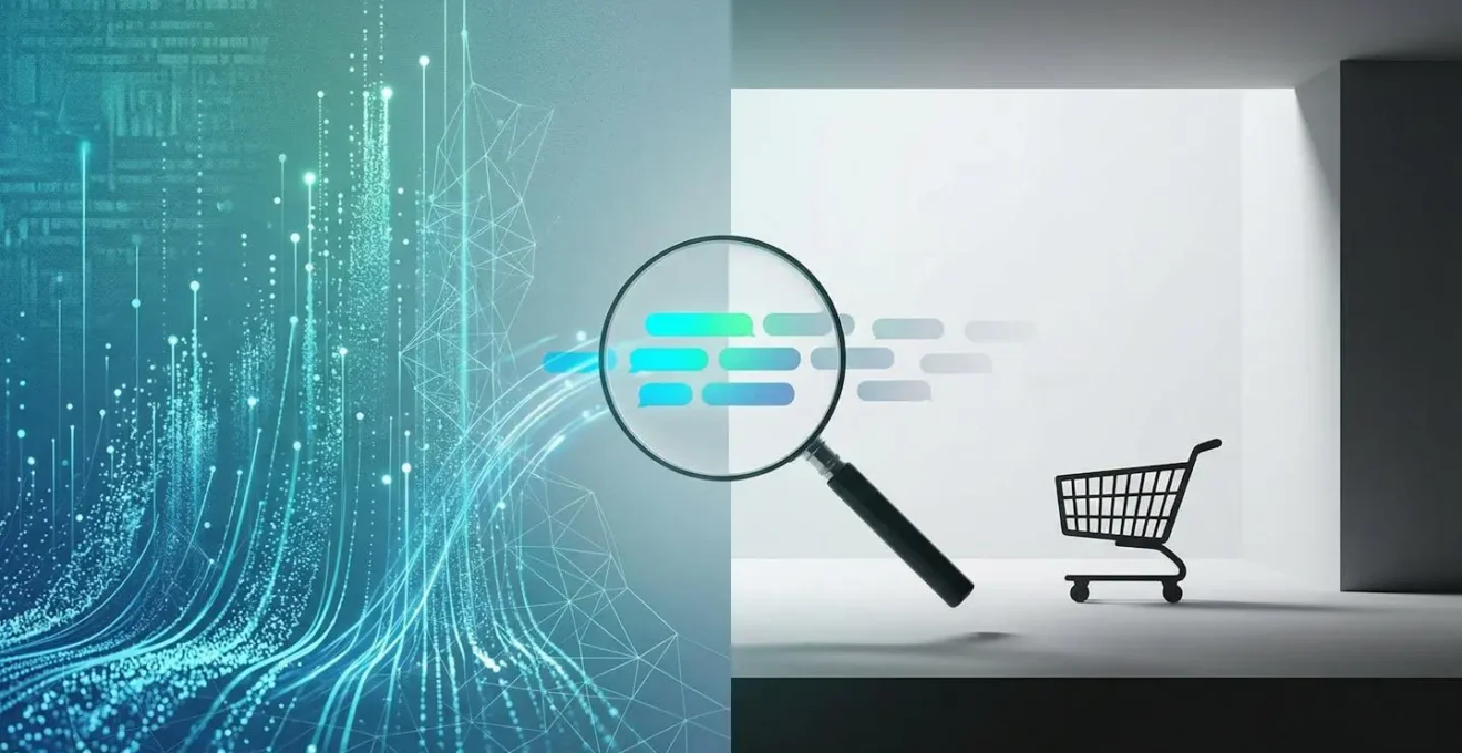 Split scene showing high traffic metrics on left versus empty shopping cart on right with magnifying glass analyzing keywords