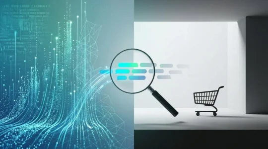 Split scene showing high traffic metrics on left versus empty shopping cart on right with magnifying glass analyzing keywords