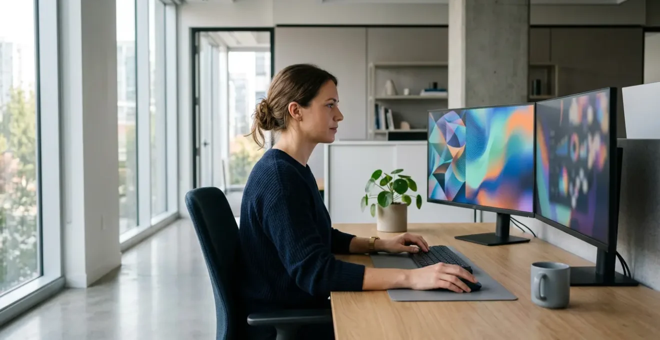 Professional monitoring SEO metrics on dual screen analytics setup