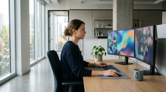 Professional monitoring SEO metrics on dual screen analytics setup