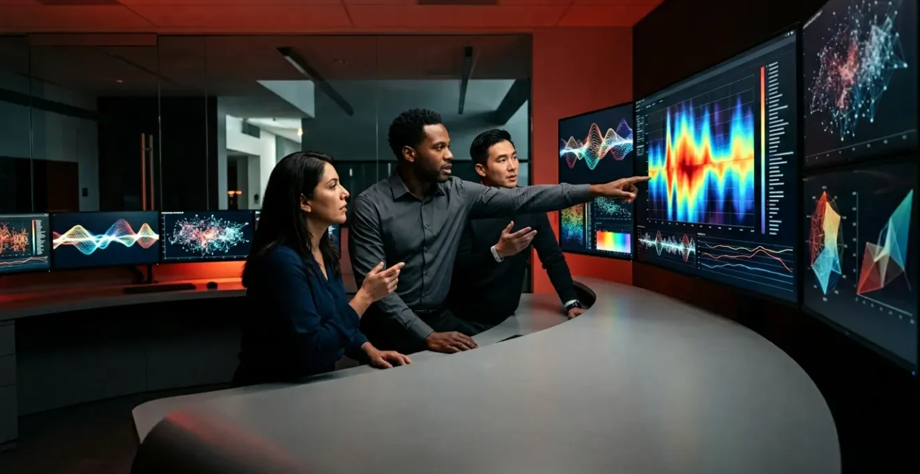 Emergency SEO control center with data analysts responding to critical traffic alerts