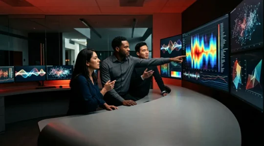 Emergency SEO control center with data analysts responding to critical traffic alerts