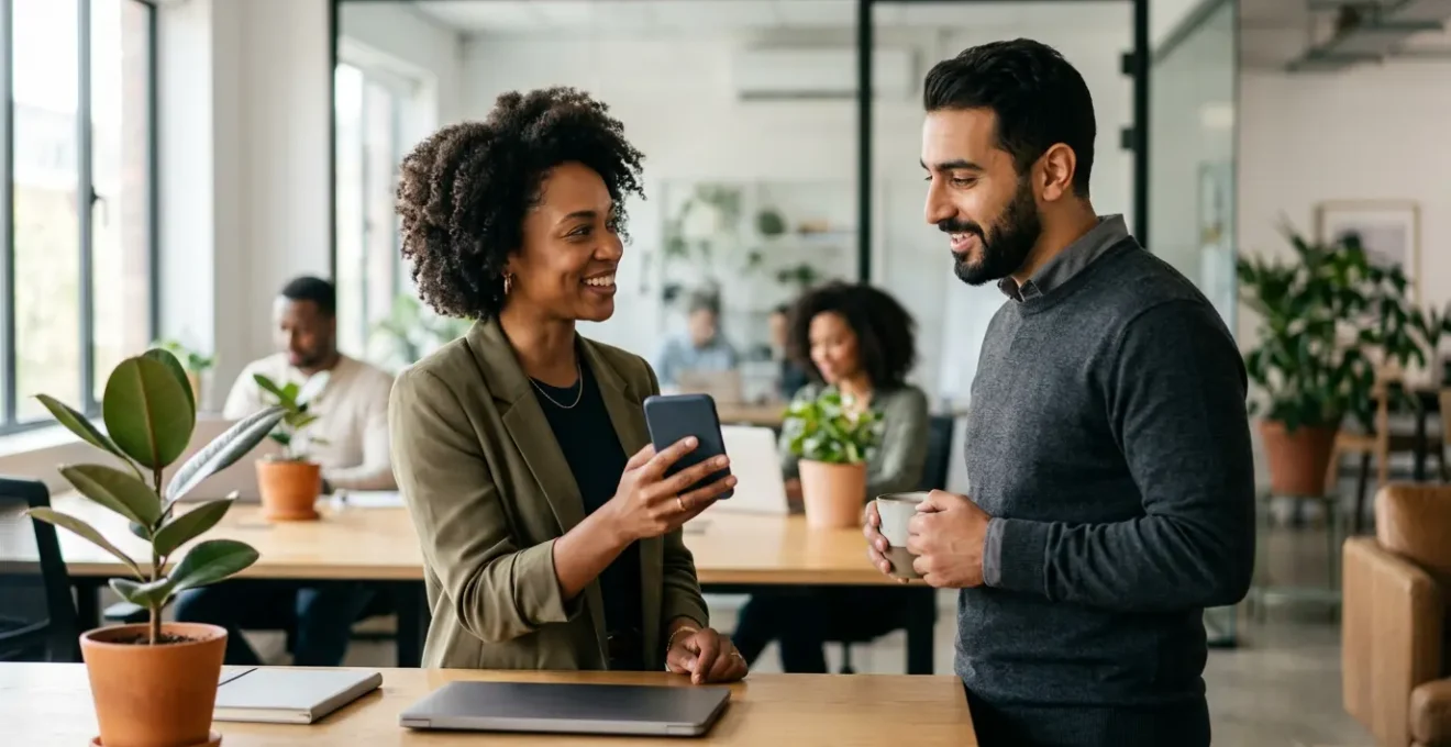 Professionals sharing content on personal devices in modern office setting showcasing employee advocacy impact