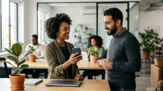 Professionals sharing content on personal devices in modern office setting showcasing employee advocacy impact