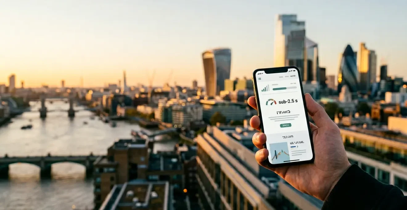 Split-screen showing mobile speed test results with UK 5G network visualization and performance metrics dashboard