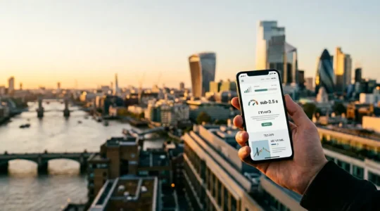 Split-screen showing mobile speed test results with UK 5G network visualization and performance metrics dashboard