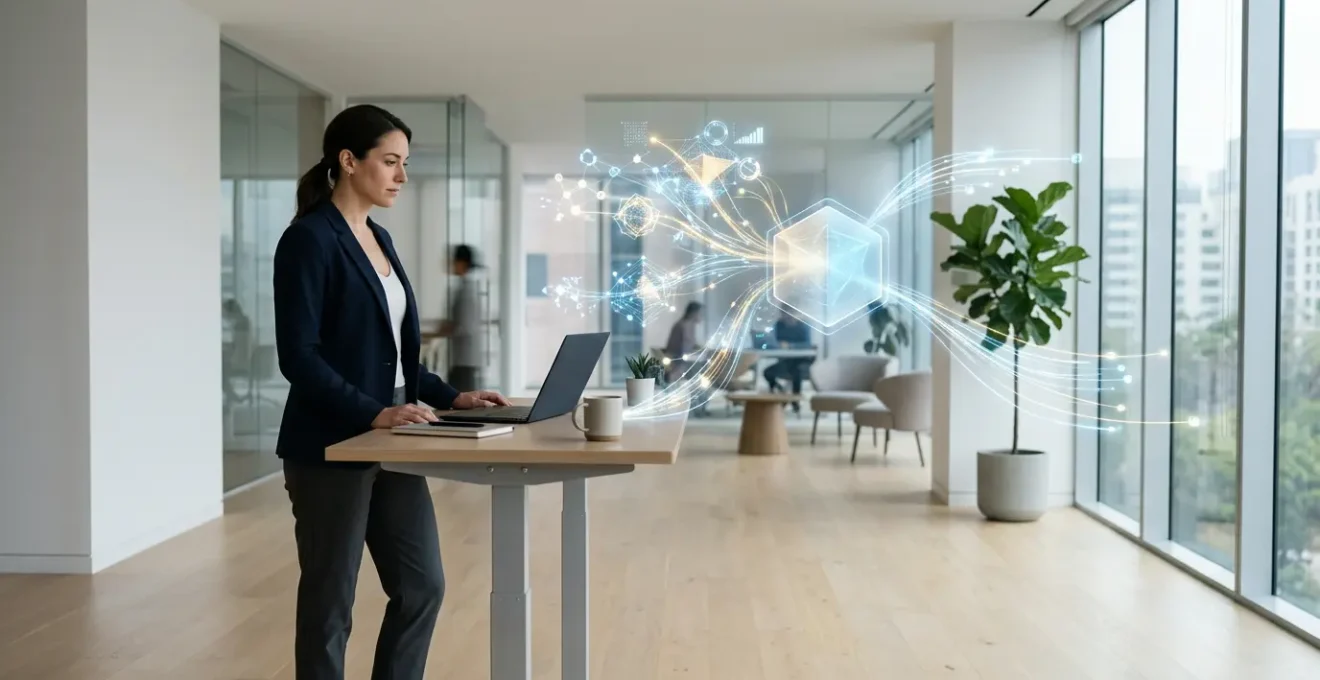 Modern marketing professional analyzing first-party data on multiple screens with visual data flows and privacy shields in a contemporary office setting