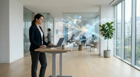 Modern marketing professional analyzing first-party data on multiple screens with visual data flows and privacy shields in a contemporary office setting