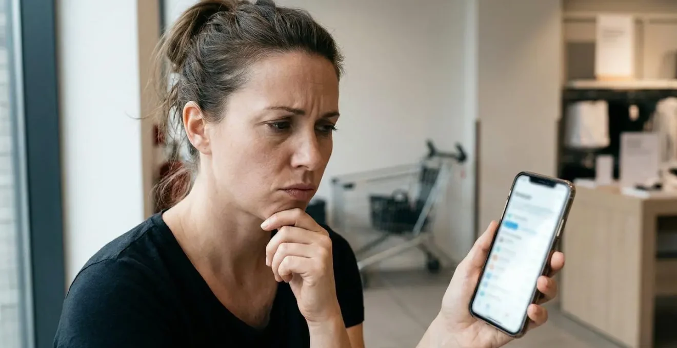 Shopper looking at smartphone with abandoned shopping cart in background