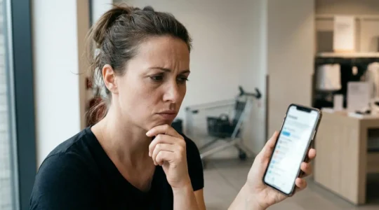 Shopper looking at smartphone with abandoned shopping cart in background