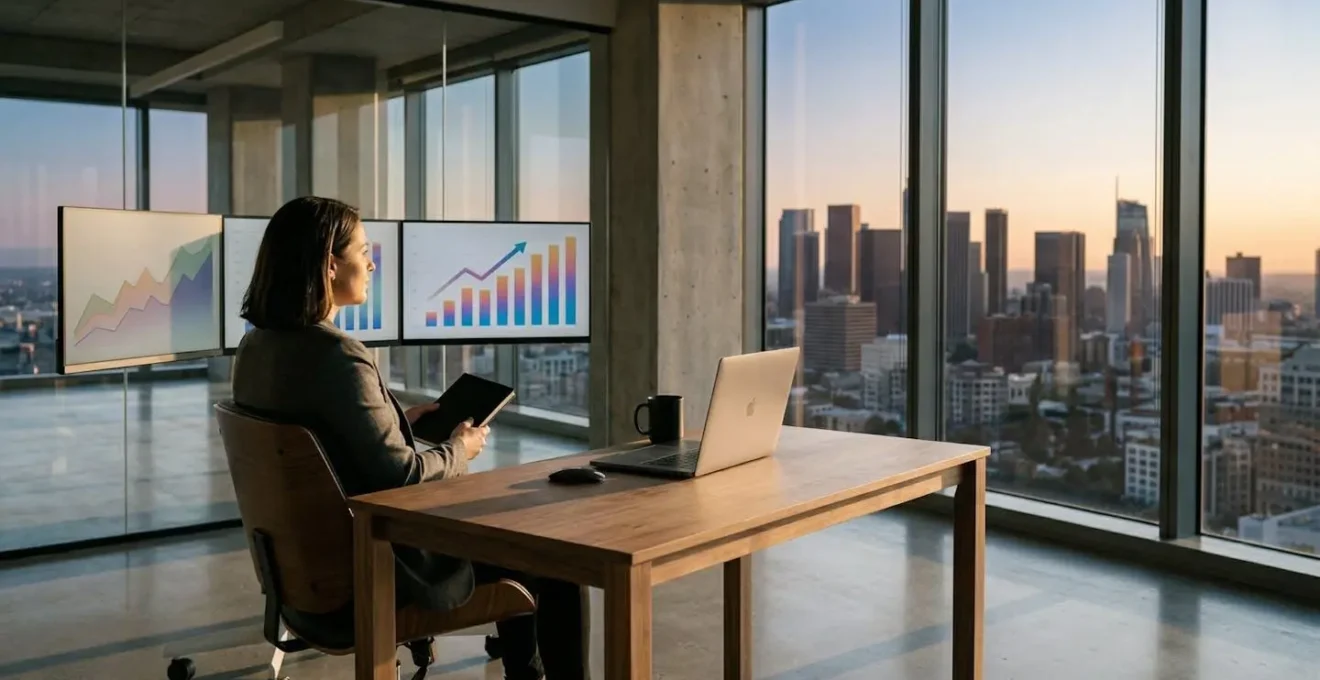 Strategic SEO professional analyzing ranking stability charts on multiple screens