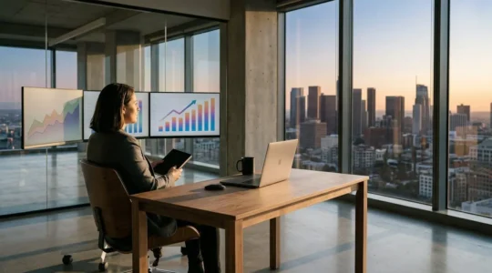 Strategic SEO professional analyzing ranking stability charts on multiple screens