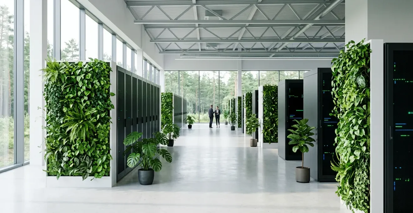A modern data center with green plants integrated into server racks, symbolizing sustainable computing and eco-friendly web development