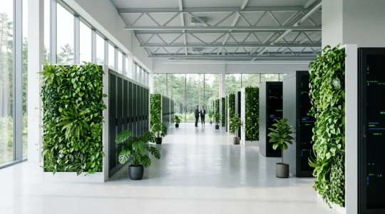 A modern data center with green plants integrated into server racks, symbolizing sustainable computing and eco-friendly web development