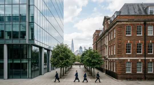 Split-screen comparison of modern glass architecture versus traditional stone building representing CMS choices