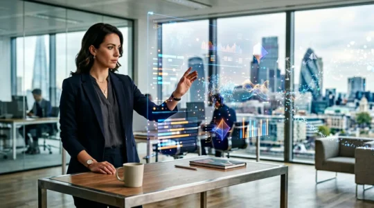 Professional analyzing Google Ads performance dashboard showing 400% ROAS metrics for UK B2B services