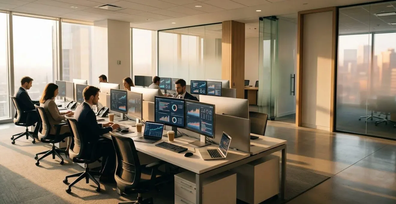 Professional newsroom showing SEO specialists monitoring real-time indexing metrics on screens