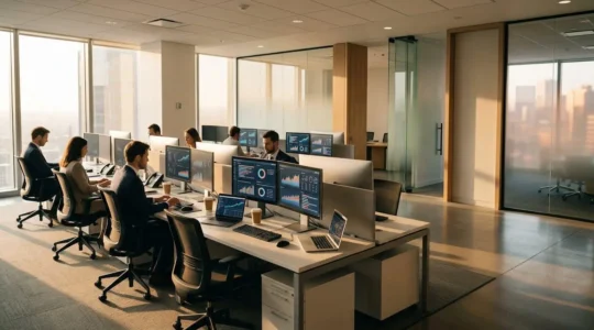 Professional newsroom showing SEO specialists monitoring real-time indexing metrics on screens