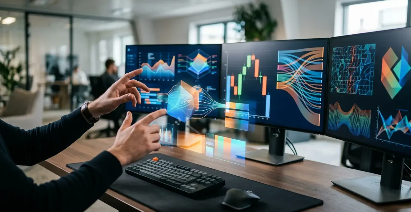 Developer analyzing JavaScript performance metrics on multiple monitors in a modern workspace