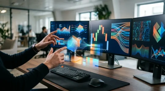 Developer analyzing JavaScript performance metrics on multiple monitors in a modern workspace
