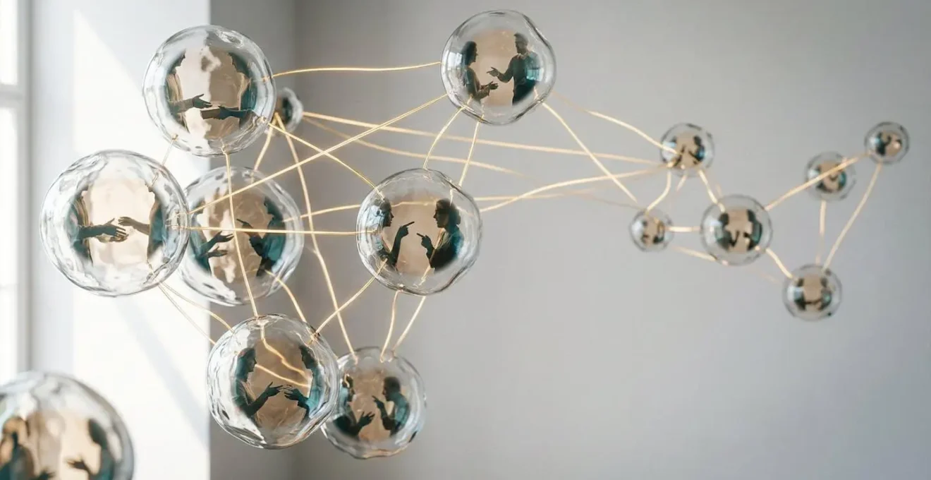 Digital ecosystem showing interconnected customer interaction points with subtle human gestures