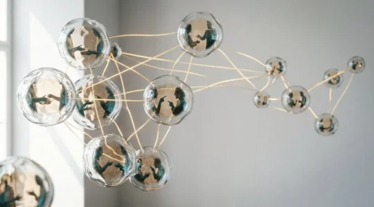 Digital ecosystem showing interconnected customer interaction points with subtle human gestures