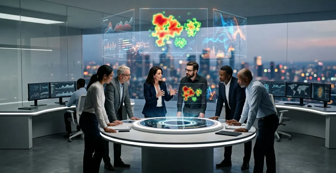 Professional team monitoring multiple digital screens displaying social media analytics and sentiment trends in modern command center