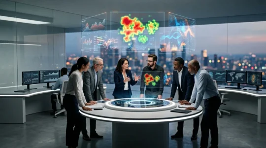 Professional team monitoring multiple digital screens displaying social media analytics and sentiment trends in modern command center