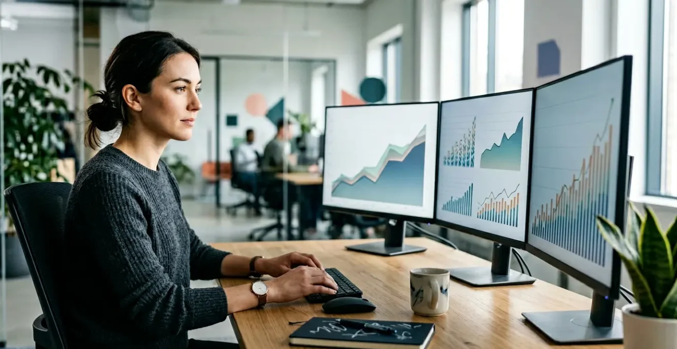 Professional marketer analyzing Quality Score metrics on multiple screens in modern office
