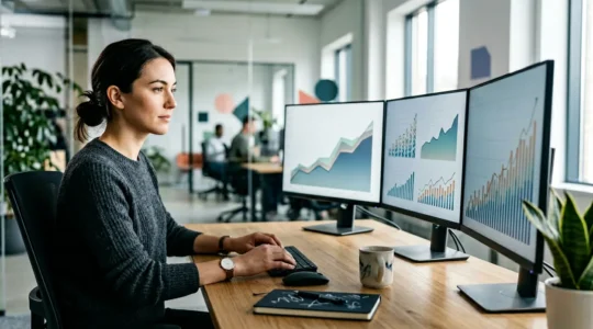 Professional marketer analyzing Quality Score metrics on multiple screens in modern office