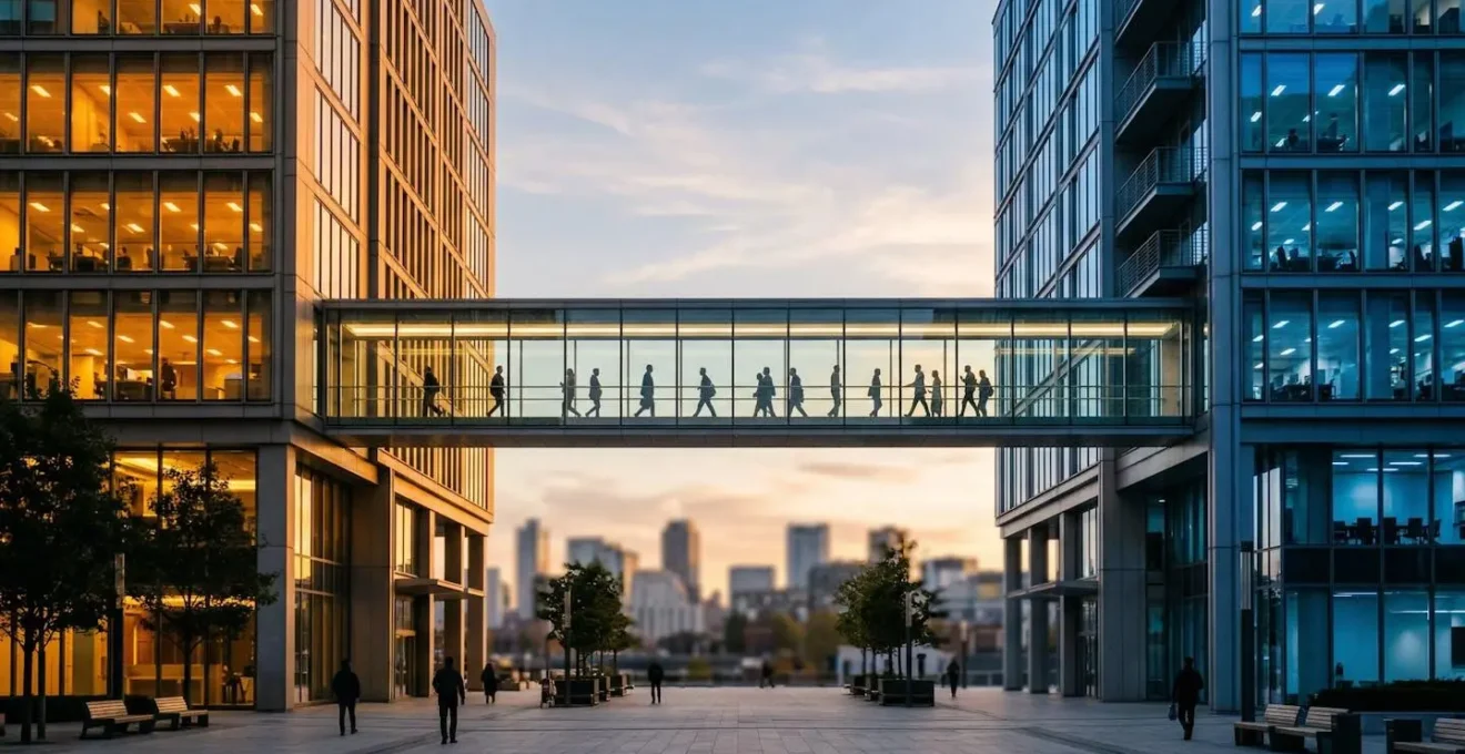 Professional photography showing two distinct office spaces connected by a modern glass walkway, representing sales and marketing alignment