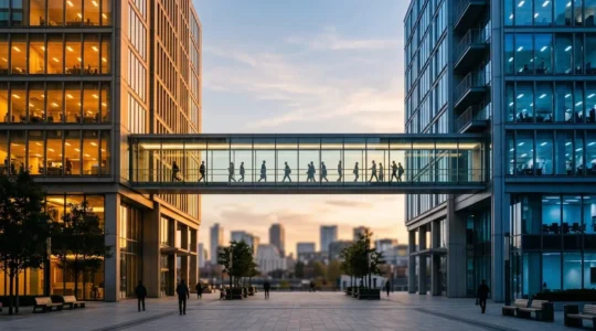 Professional photography showing two distinct office spaces connected by a modern glass walkway, representing sales and marketing alignment