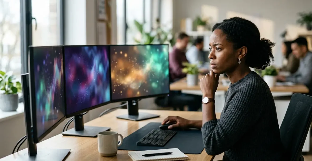 Professional SEO analyst examining real-time ranking data on multiple monitors showing volatility charts