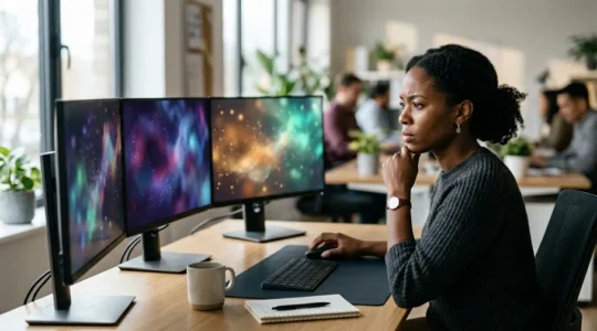 Professional SEO analyst examining real-time ranking data on multiple monitors showing volatility charts