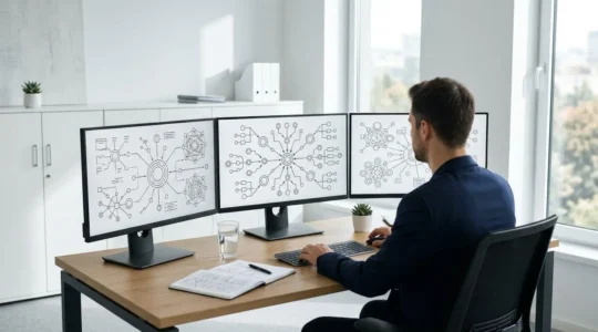 Professional SEO expert analyzing canonical tags implementation on multiple screens showing duplicate content variations