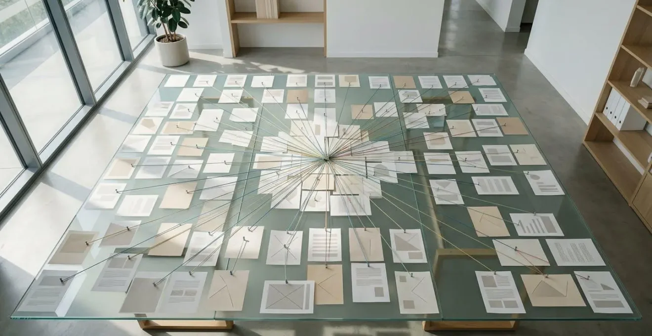 Strategic content mapping visualization showing interconnected SEO pillar pages and cluster architecture