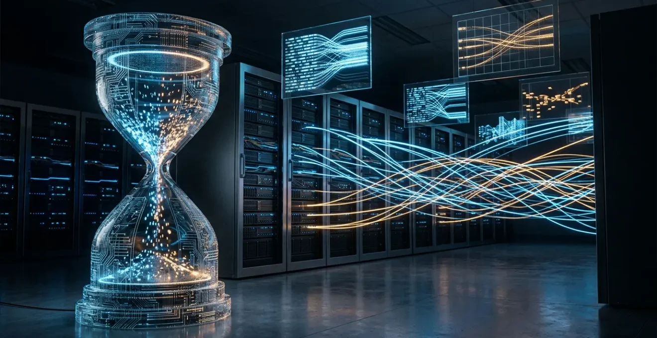 Modern server infrastructure visualization showing data flow and response time optimization