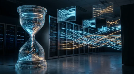 Modern server infrastructure visualization showing data flow and response time optimization