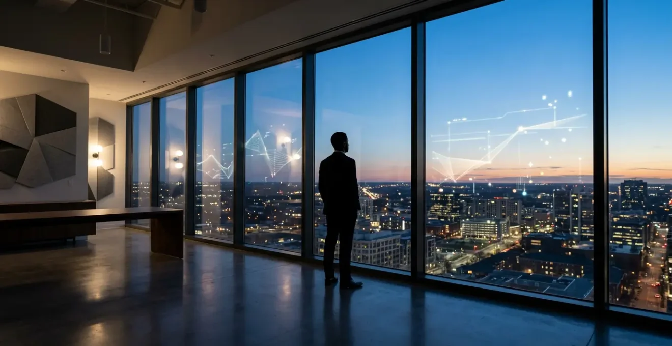 Professional analyzing PPC campaign performance data on a large screen display with conversion metrics and budget graphs