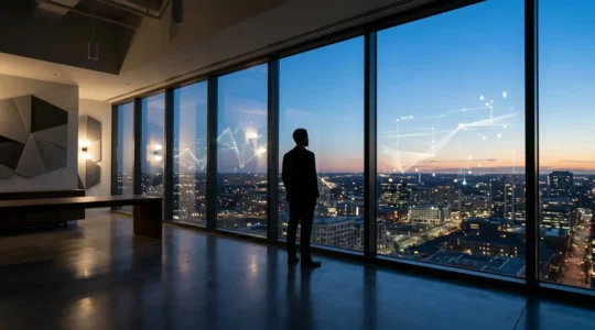 Professional analyzing PPC campaign performance data on a large screen display with conversion metrics and budget graphs